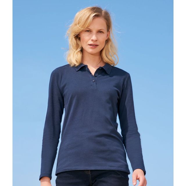 Model wearing SOL's Ladies Perfect Long Sleeve Piqué Polo Shirt