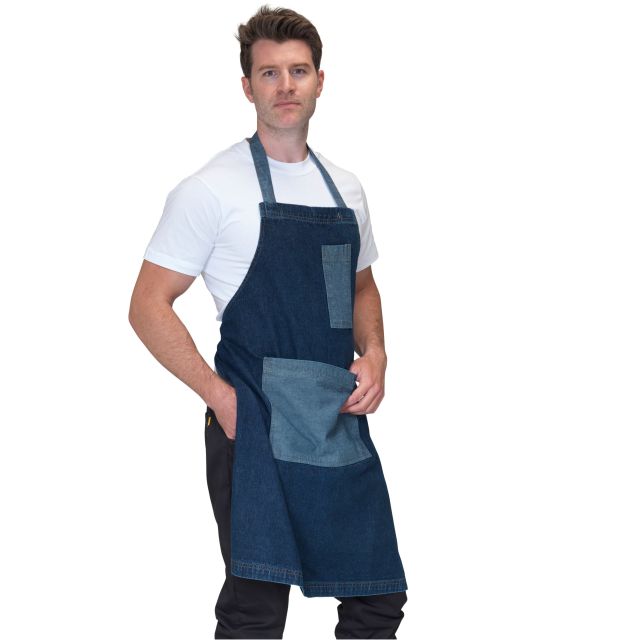 Dennys Washed Denim Bib Apron with Contrast Pockets