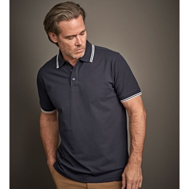 Model wearing Navy & White Mens Luxury Stripe Stretch Polo