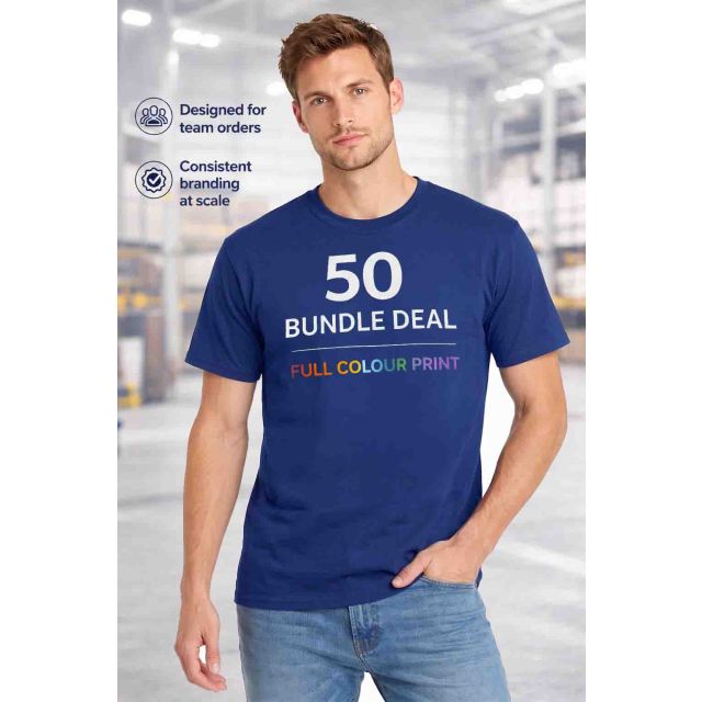 50 Custom Printed T-Shirts – Lightweight Cotton - Save 39% with this bundle