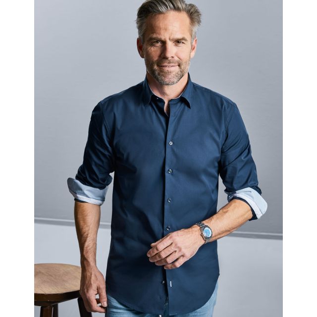 Russell Collection Mens Long Sleeve Tailored Contrast Ultimate Stretch Shirt
