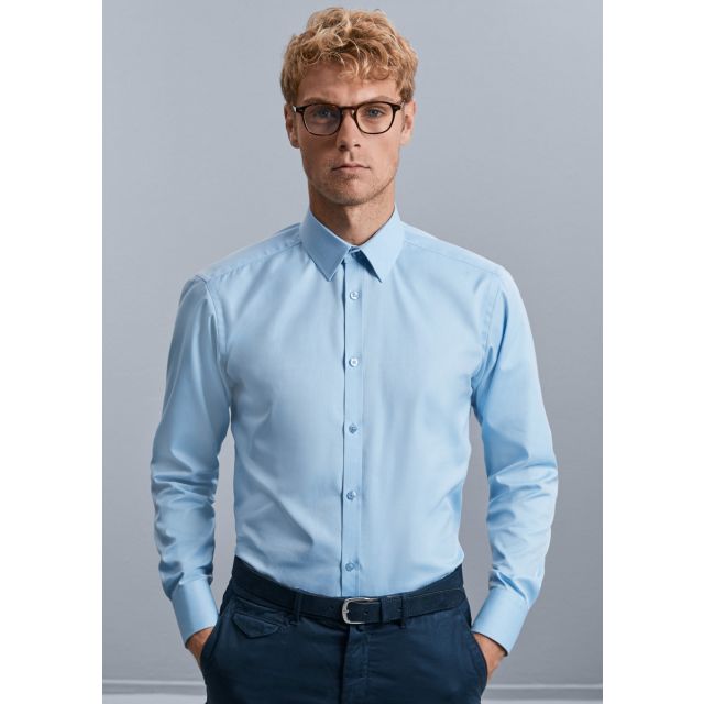 Russell Collection Mens Long Sleeve Tailored Herringbone Shirt