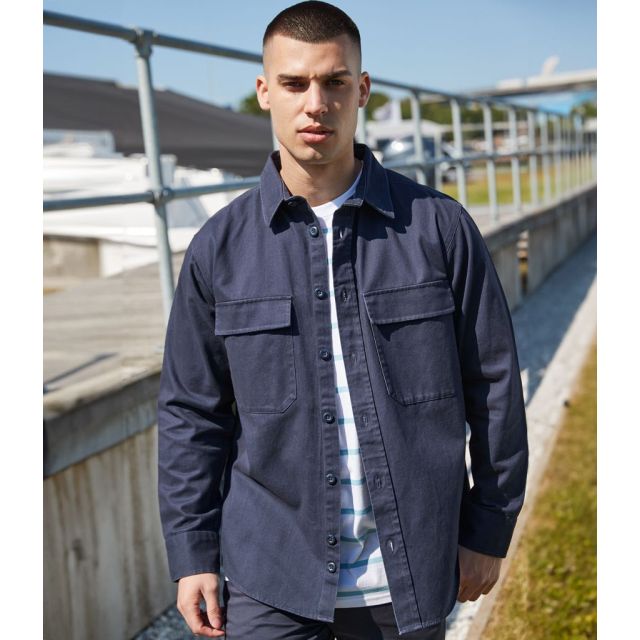 Model wearing Front Row Drill Overshirt