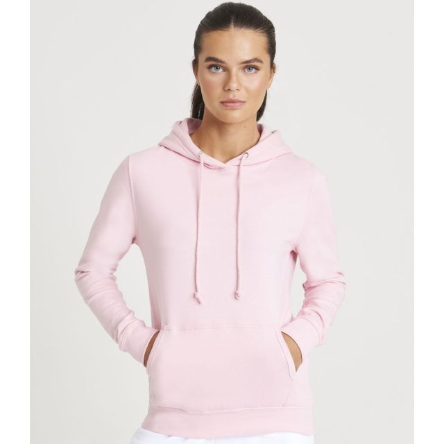 Model wearing Just Hoods AWDis Ladies College Hoodie
