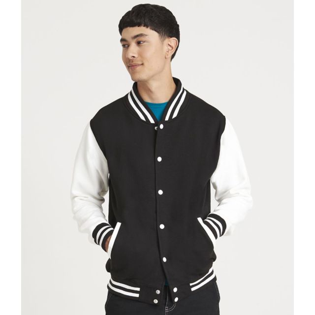 Model wearing Just Hoods AWDis Varsity Jacket