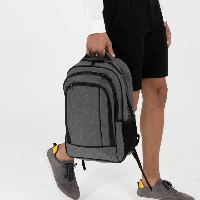 laptop bag with a carry handle, 3 zipped compartments, and side pocket