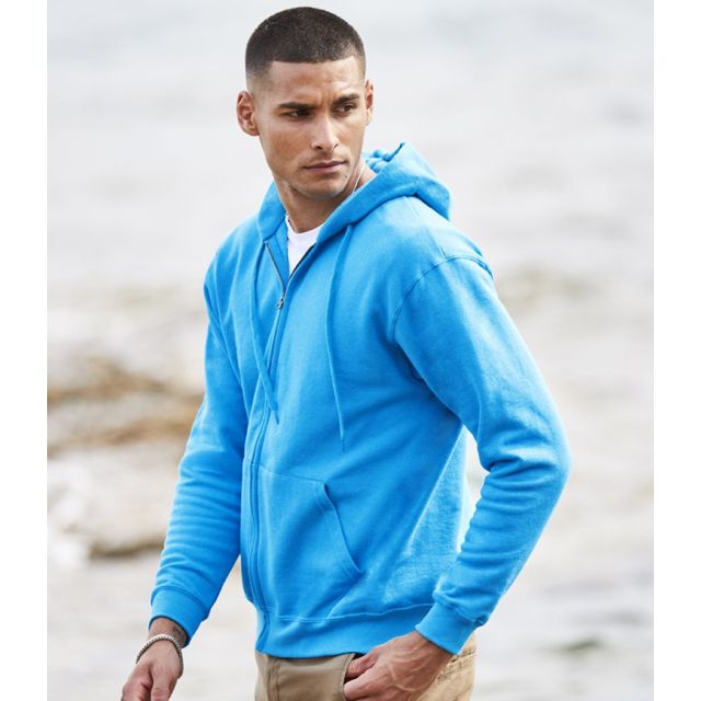 Model wearing Fruit Of The Loom Mens Classic Hooded Sweat Jacket