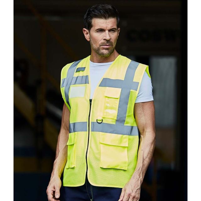 Model wearing Yoko Hi Vis Top Cool Open Mesh Executive Waistcoat