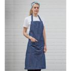 Bib apron with front pocket and neck strap in use