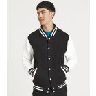 Model wearing Just Hoods AWDis Varsity Jacket