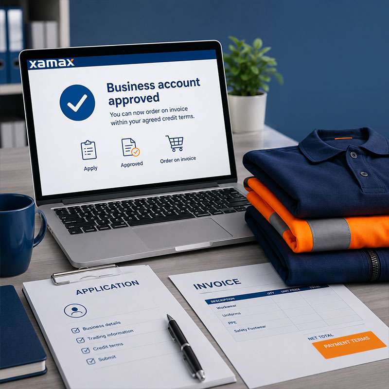 Business credit account application for workwear, uniforms, PPE and safety footwear ordering on invoice