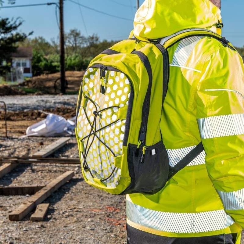 Hi vis bags, high visibility bags, hi vis rucksacks, backpacks and kit bags for site teams, outdoor workers, events and commuting