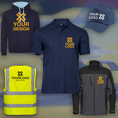 Selection of branded workwear garments with logo customisation examples