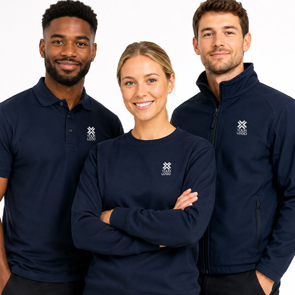 Selection of staff work uniforms with company logo customisation examples