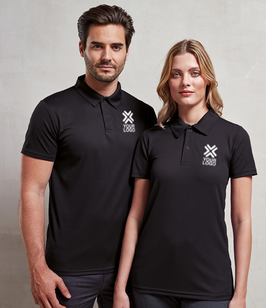 Man and Woman wearing custom branded polo Shirts