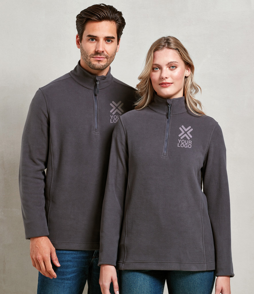Man and Woman wearing branded zip up sweatshirts