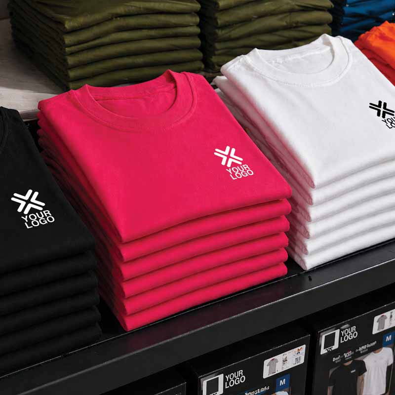 Resale of custom t-shirts on shelving within a shop.