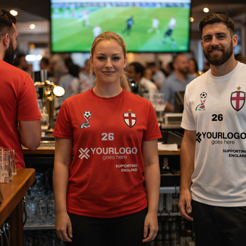 Hospitality workers in custom t-shirts.