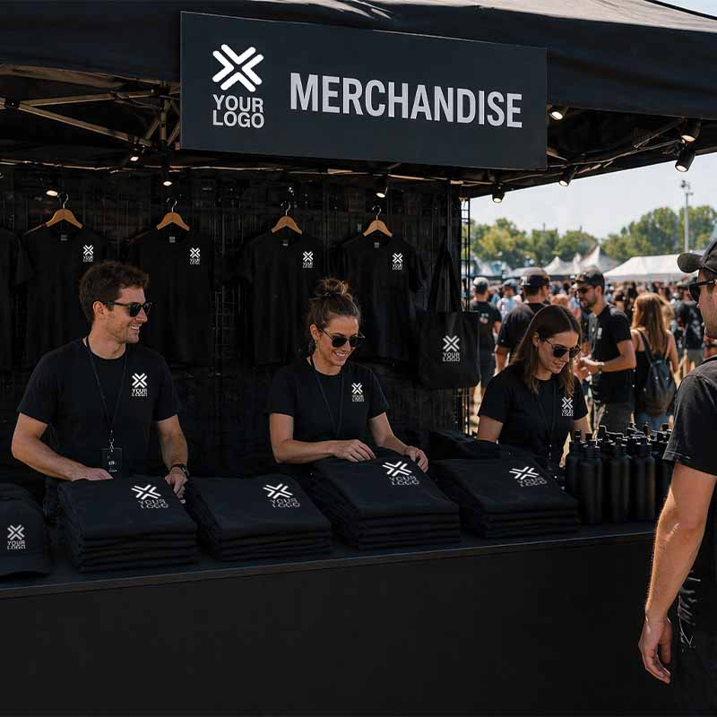 Merchandise stand example of custom t-shirts.